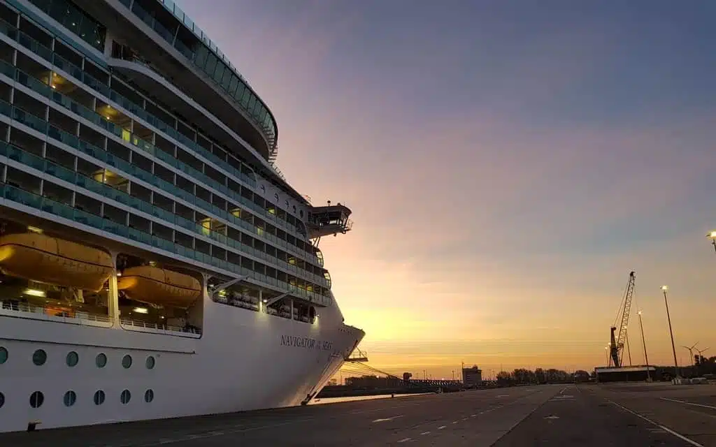 Royal Caribbean cruise ship, Navigator of the Seas docked in Bruges, Belgium, sunrise time