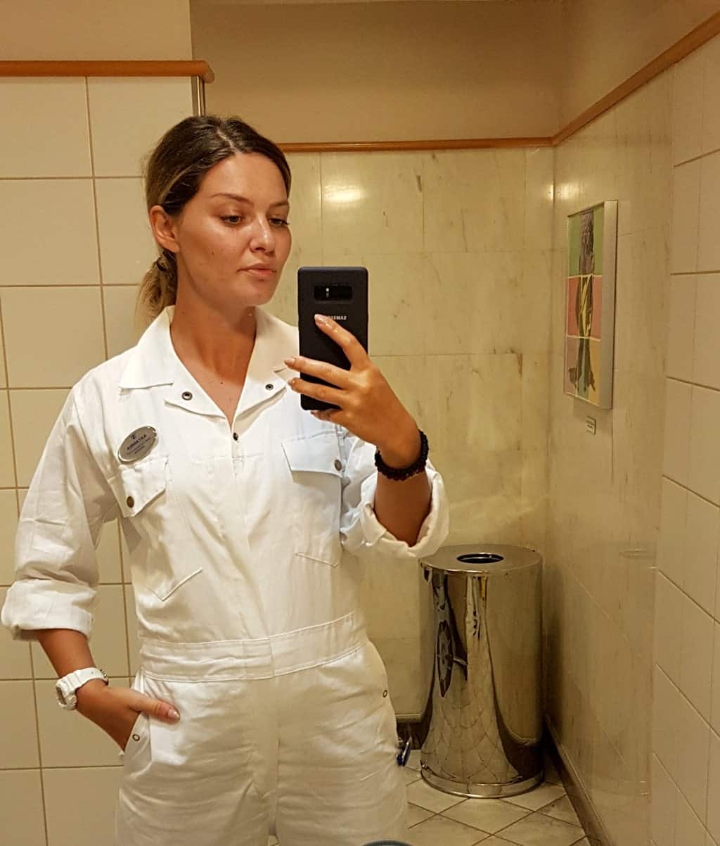 During the dry dock, crew members are required to wear safety equipment. This picture was taken in a bathroom, I am dressed in a safety equipment