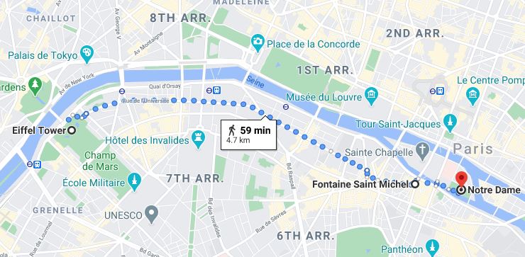 Paris map from Notre-Dame de Paris to the Eiffel Tower