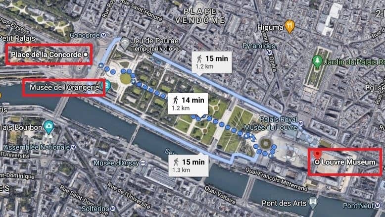 It takes 15 minutes to walk from Place de la Concorde to the Louvre, map