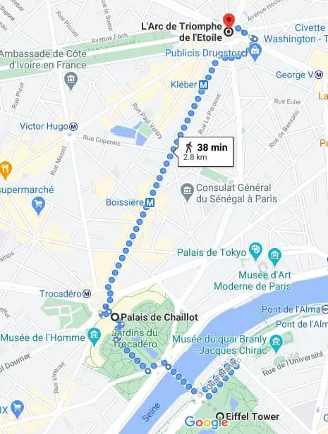 A map from Trocadéro Square to the Arc de Triomphe