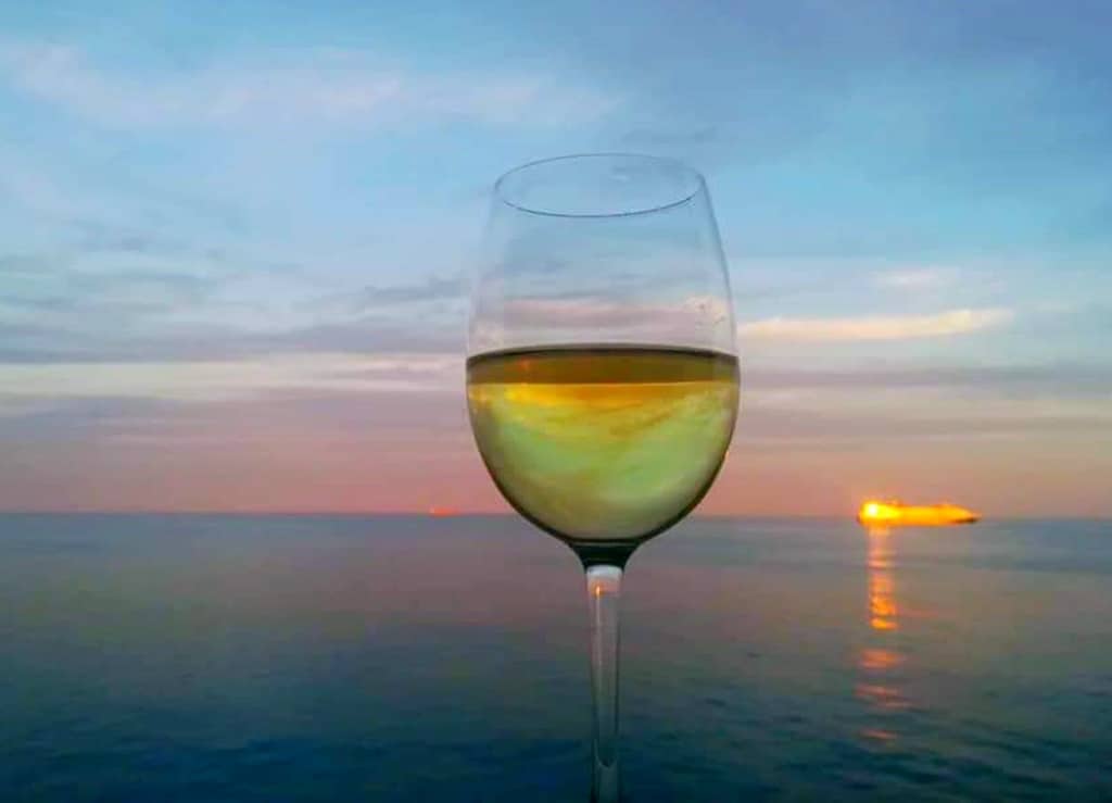 The glass of wine while enjoying the ocean view on a cruise ship