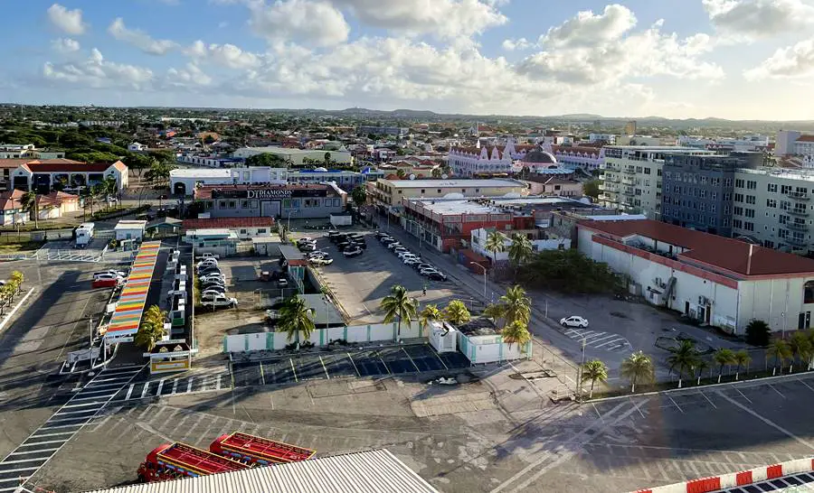 The view of Aruba cruise port and Oranjestad from the ship.