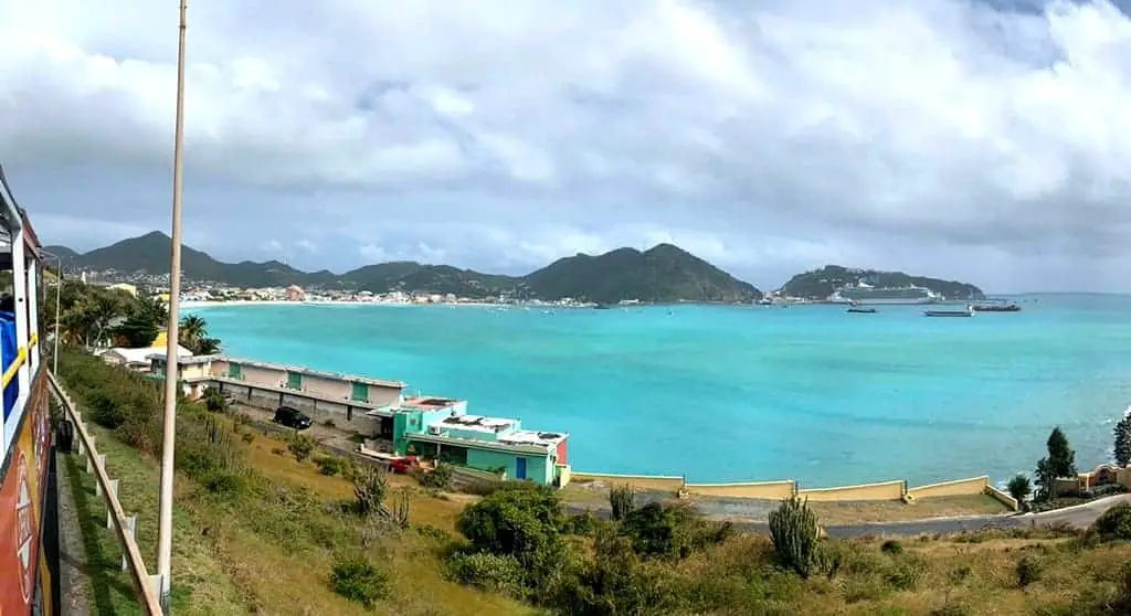 The view of the Great Bay. In the distance, you can spot St Maarten cruise terminal, Philipsburg, and Great Bay Beach