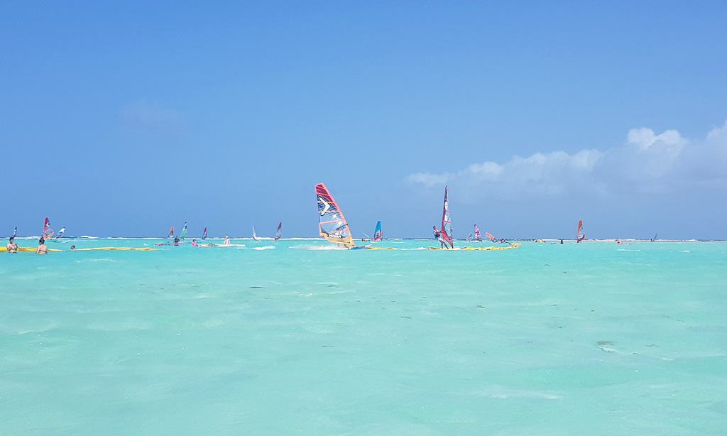 The view of the kite-surfers and windsurfers at Sorobon beach, Bonaire