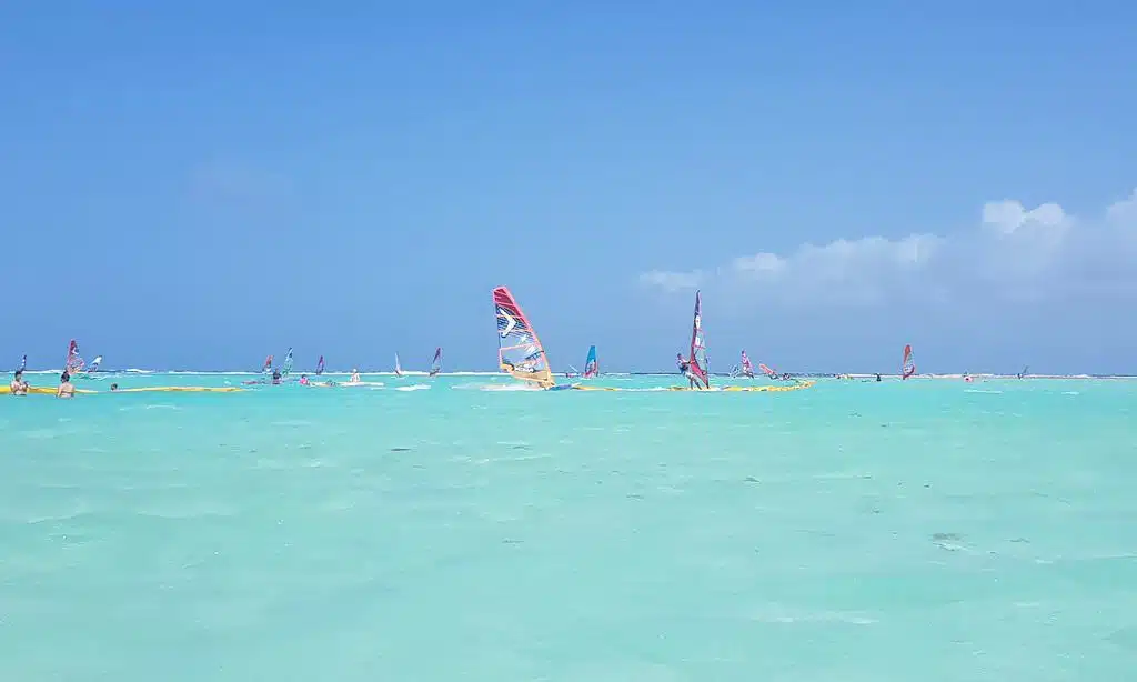 The view of the kite-surfers and windsurfers at Sorobon beach, Bonaire