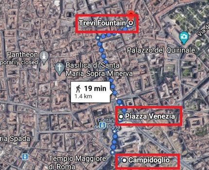 The map depicting how to get from Campidoglio to Piazza Venezia and Fontana idi Trevi