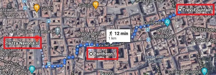 Fontana di Trevi-Pantheon-Piazza Navona map itinerary