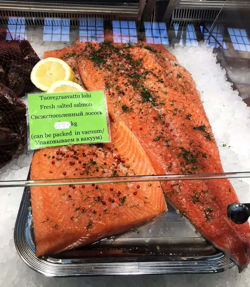Market Square in Helsinki - Salmon on a stall.