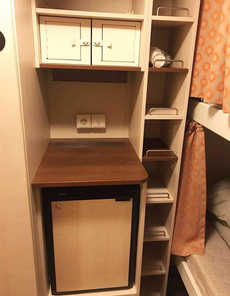 Crew cabins mini fridge, safe box, bunk bed