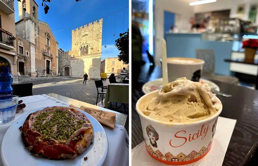 Pistachio pizza and gelato in Taormina