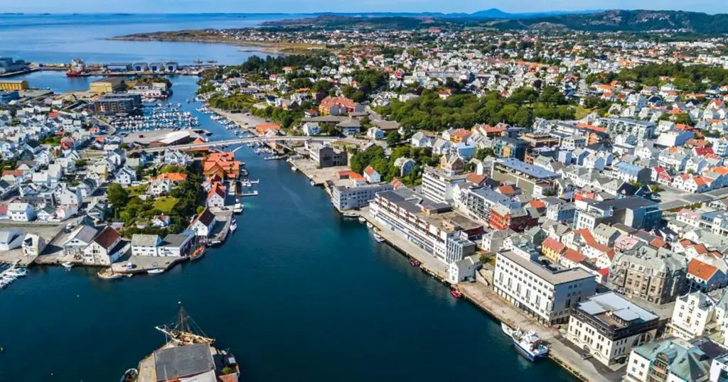 The panorama of Haugesund Norway, Haugesund cruise port is on the left and city center on the right. 