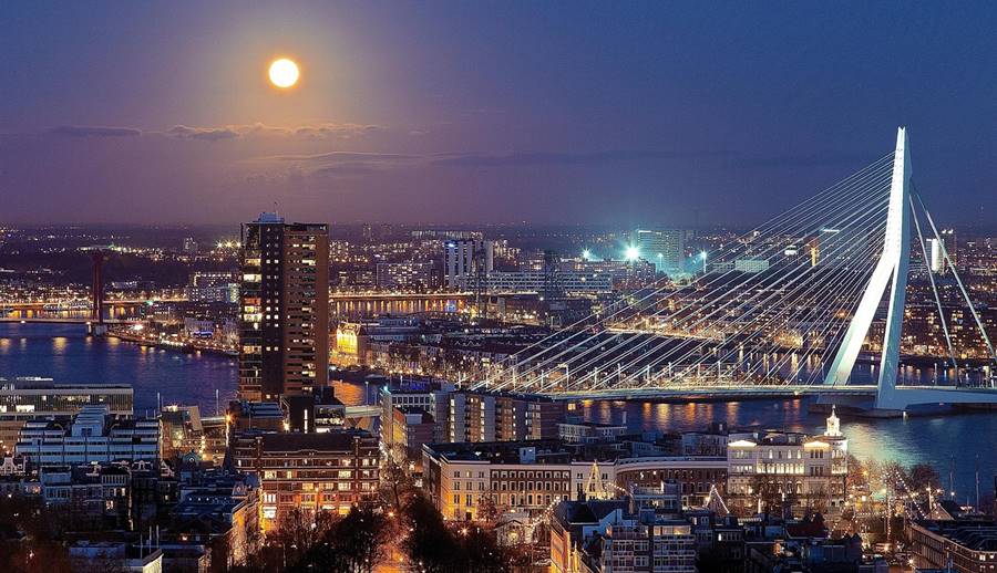 Erasmus Bridge and city panorama at night in Rotterdam